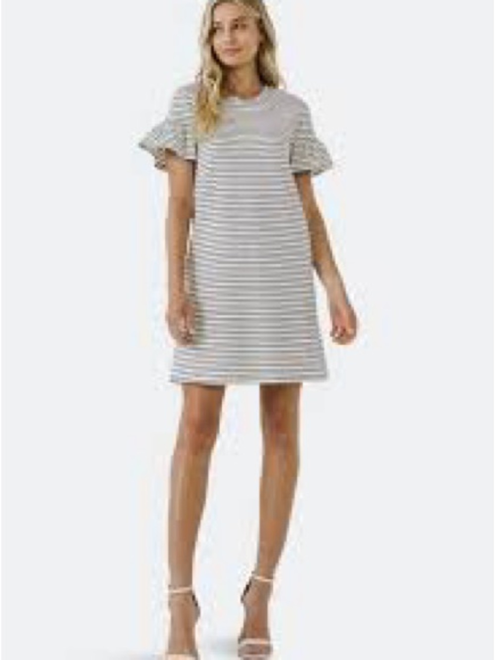 Calvin Klein White Dress with Navy Pinstripes and Ruffled Sleeves